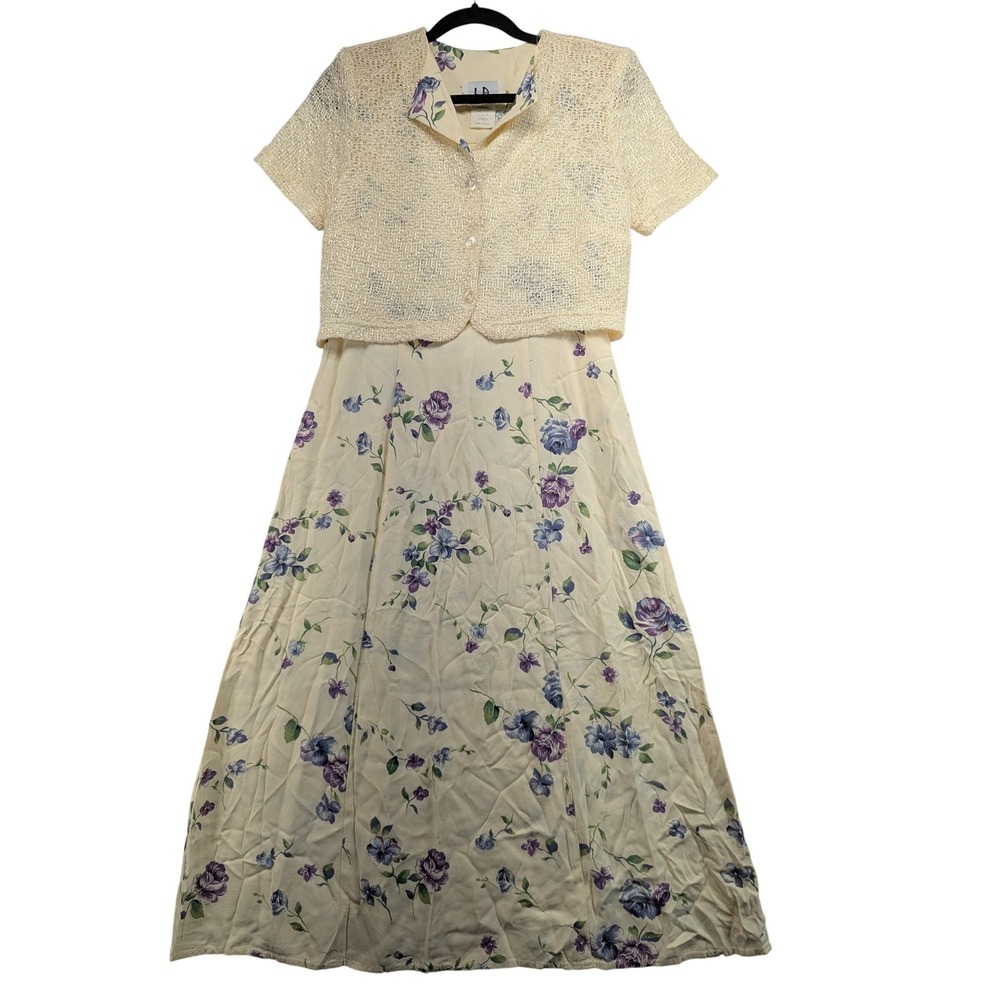 Vintage Los Angeles Gal Floral Maxi Dress & Cropped Jacket Set Cream Purple Sz 8